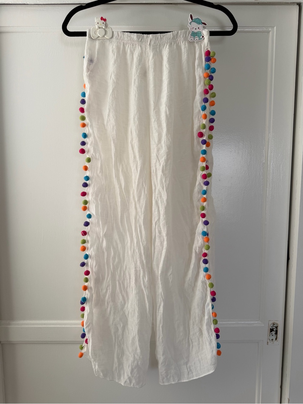 White Pom-Pom Trim Wide-Leg Pants